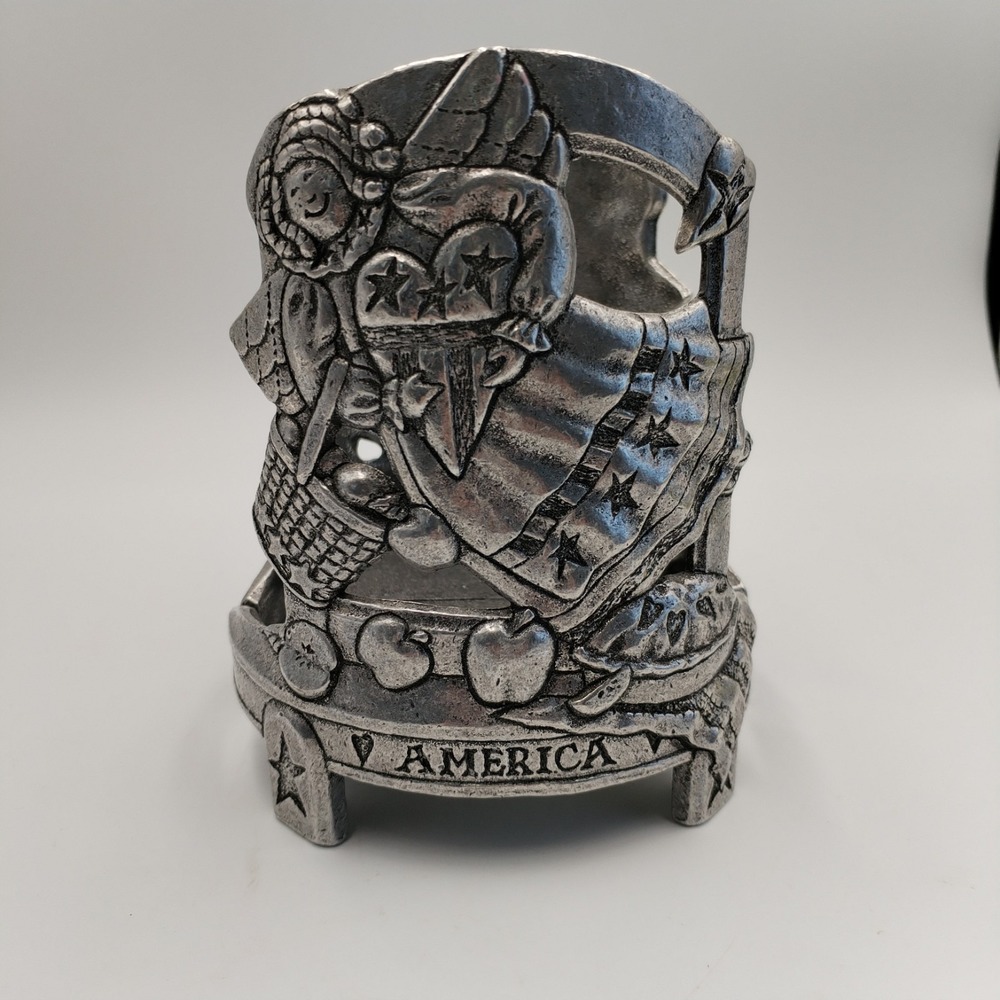 Vintage Pewter Americana Candle Jar Holder Sleeve Patriotic Angel Flag Large 5.5
